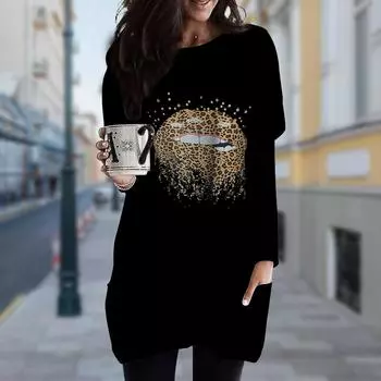 Женское платье с круглым вырезом и принтом губ, весна-осень, платье больших размеров с карманами XS чёрный