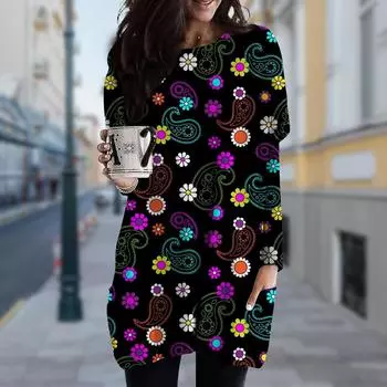 Женское платье с круглым вырезом и принтом в виде цветка, весна-осень, платье больших размеров с карманами XS фиолетовый