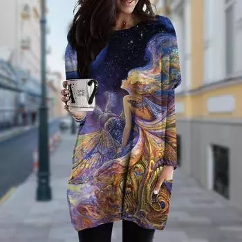 Женское платье с круглым вырезом и принтом «Статуя», весна-осень, платье больших размеров с карманами XS фиолетовый