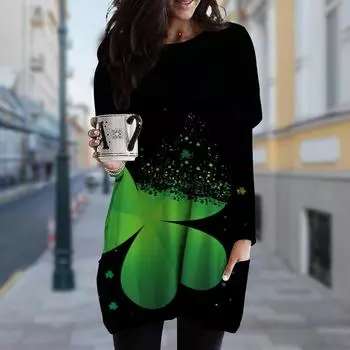 Женское платье с круглым вырезом и принтом клевера, весна-осень, платье больших размеров с карманами XS белый