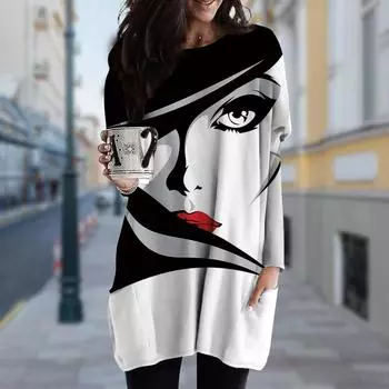 Женское платье с круглым вырезом и принтом распознавания лиц, весна-осень, платье больших размеров с карманами XS белый