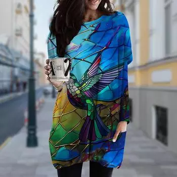 Женское платье с круглым вырезом и принтом «сорока» Весна-Осень Платья больших размеров с карманами XS темно-синий