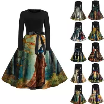 Женское платье с круглым вырезом и длинными рукавами с принтом на Хэллоуин и большим свободным облегающим платьем XXXXXL