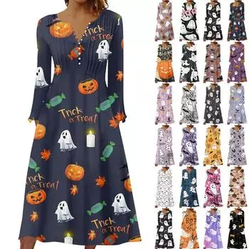 Женское платье с круглым вырезом и длинными рукавами с принтом на Хэллоуин, вечернее повседневное платье XXXL
