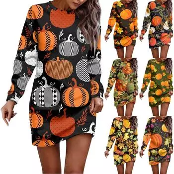 Женское платье с круглым вырезом и принтом на Хэллоуин с длинными рукавами и бедрами, платья-толстовки XXL фиолетовый