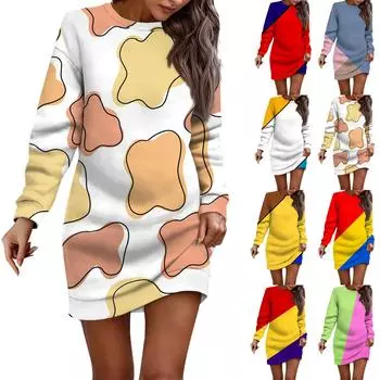 Женское платье с круглым вырезом и геометрическим узором, длинными рукавами и запахом на бедрах, платье-свитер M