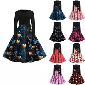 Женское платье с круглым вырезом и большим подолом, плиссированная юбка с длинными рукавами, платье M винный