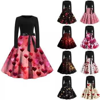 Женское платье с круглым вырезом и большим подолом, плиссированная юбка с длинными рукавами, платье L