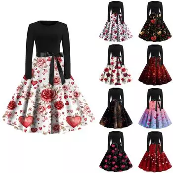 Женское платье с круглым вырезом и большим подолом, плиссированная юбка с длинными рукавами, платье S