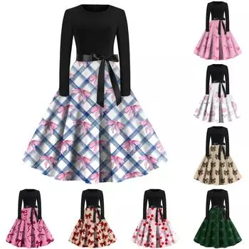 Женское платье с круглым вырезом и большим подолом, плиссированная юбка с длинными рукавами, платье L