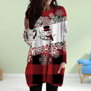 Женское платье с круглым вырезом и принтом снеговика, весна-осень, платье больших размеров с карманами XS белый