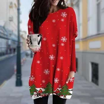 Женское платье с круглым вырезом и рождественским принтом, весна-осень, платье больших размеров с карманами XS фиолетовый