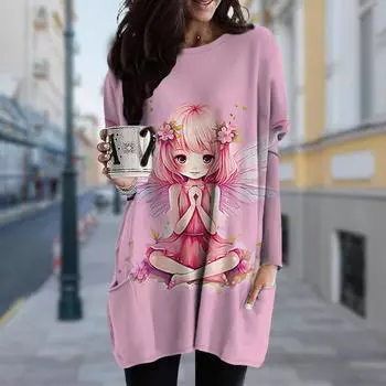 Женское платье с круглым вырезом и принтом кольца, весна-осень, платье больших размеров с карманами XS розовый