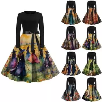 Женское платье с круглым вырезом и длинными рукавами на Хэллоуин с принтом и широкими складками, облегающее платье XL