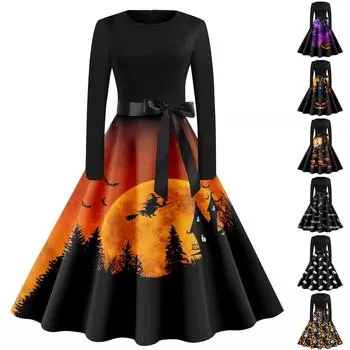 Женское платье с круглым вырезом и длинными рукавами с принтом на Хэллоуин и большим свободным облегающим платьем XXL фиолетовый