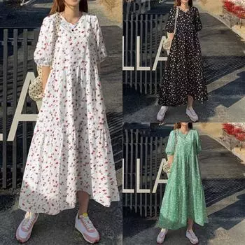 Женское платье с круглым вырезом и половиной рукава, летняя мода, повседневное длинное платье с цветочным принтом S зелёный