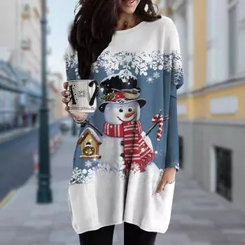 Женское платье с круглым вырезом и принтом «Маленький снеговик», весна-осень, платье больших размеров с карманами XS красный