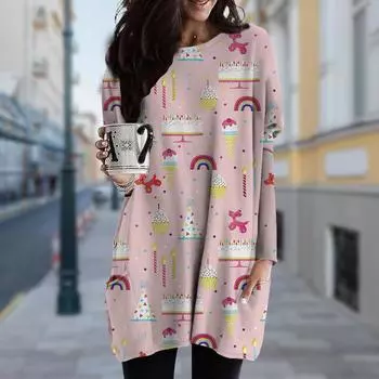 Женское платье с круглым вырезом и принтом мороженого, весна-осень, платье больших размеров с карманами XS розовый