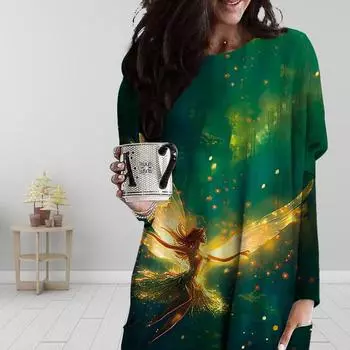 Женское платье с круглым вырезом и принтом «Цветочная фея», весна-осень, платье больших размеров с карманами XS фиолетовый