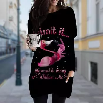 Женское платье с круглым вырезом и принтом фламинго, весна-осень, платье больших размеров с карманами XS розовый