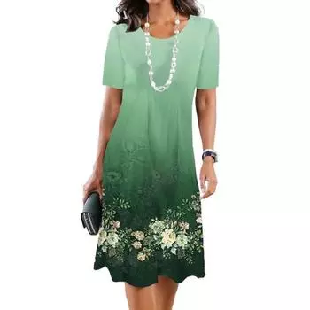 Женское платье с круглым вырезом и коротким рукавом с цветочным принтом, подходящее по цвету градиентное свободное платье трапециевидной формы, мягкое дышащее женское платье миди длиной до колена 2XL чёрный