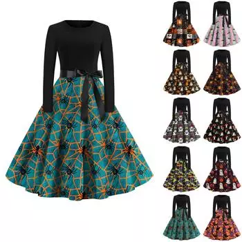 Женское платье с круглым вырезом и длинными рукавами с принтом на Хэллоуин и большим свободным облегающим платьем M