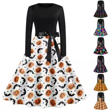 Женское платье с круглым вырезом и длинными рукавами с принтом на Хэллоуин и большим свободным облегающим платьем XXXXL белый