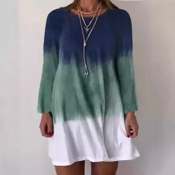 Женское платье с круглым вырезом и градиентным принтом, длинными рукавами S синий