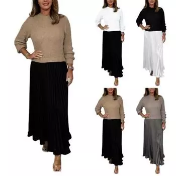 Женское платье с круглым вырезом и длинными рукавами, плиссированное платье контрастного цвета, из двух частей, свободное макси-платье для повседневной носки и поездок на работу S белый