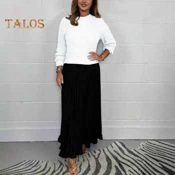 Женское платье с круглым вырезом и длинными рукавами, плиссированное платье контрастного цвета, из двух частей, свободное макси-платье для повседневной носки и поездок на работу S хаки