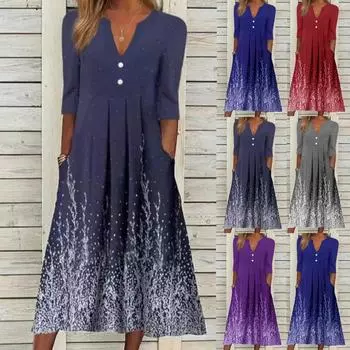 Женское платье с круглым вырезом и цветочным принтом, летние платья, платье миди с коротким рукавом S красный