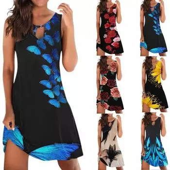 Женское платье с круглым вырезом и геометрическим принтом, без рукавов, с металлической отделкой и средней юбкой S чёрный