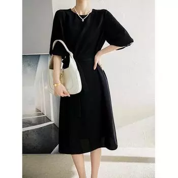 Женское платье с круглым вырезом и рукавами-фонариками из трех ацетатной кислоты на шнуровке M чёрный