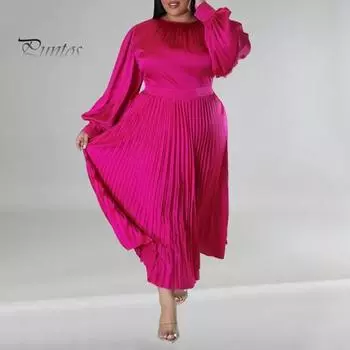 Женское платье с круглым вырезом и рукавами-фонариками, длинное платье большого размера с высокой талией и плиссированным подолом, гладкое длинное платье L золотистый