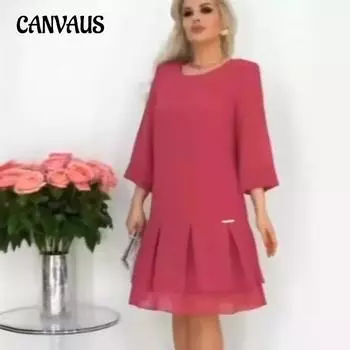 Женское платье с круглым вырезом и длинным рукавом, повседневное платье на весну и лето S розы красного