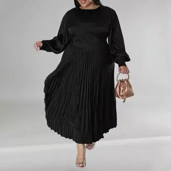 Женское платье с круглым вырезом и рукавами-фонариками, длинное платье большого размера с высокой талией и плиссированным подолом, гладкое длинное платье XXL зелёный