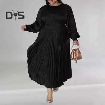 Женское платье с круглым вырезом и рукавами-фонариками, длинное платье большого размера с высокой талией и плиссированным подолом, гладкое длинное платье XXXXL розы красного