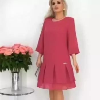 Женское платье с круглым вырезом и длинным рукавом, повседневное платье на весну и лето S розы красного