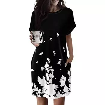 Женское платье с круглым вырезом и коротким рукавом, повседневные летние платья-туники, свободное платье с карманом S оранжевый