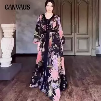 Женское платье с круглым вырезом и длинными рукавами с принтом S