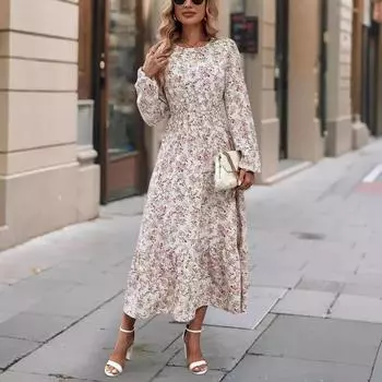 Женское платье с круглым вырезом и длинными рукавами 2025 года с оборками S небесно-голубой