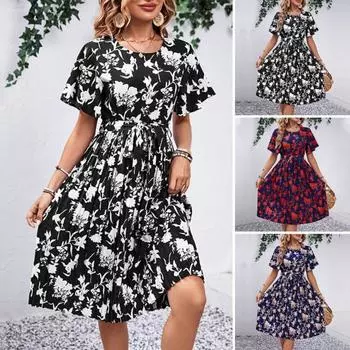 Женское платье с круглым вырезом контрастного цвета с цветочным принтом и короткими рукавами трапециевидной формы на шнуровке с высокой узкой талией S красный