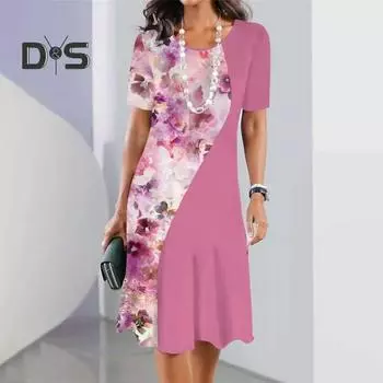 Женское платье с круглым вырезом, коротким рукавом, цветочным принтом, градиентным сочетанием цветов, свободное, А-силуэт, мягкое, дышащее, длиной до колена, женское платье миди S хаки