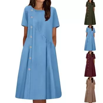 Женское платье с круглым вырезом, коротким рукавом, декоративными пуговицами на талии, карманами, платье с карманами XXXL кофейный