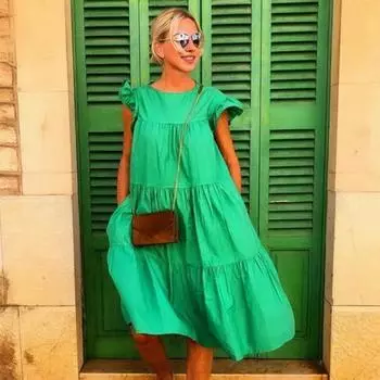 Женское платье с круглым вырезом, летящими рукавами, трапециевидной формы, большие качели, свободные, в стиле пэчворк, плиссированные, мягкие, для отпуска, для пляжа, длиной до колена, миди S чёрный