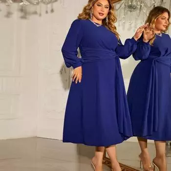 Женское платье с круглым вырезом на шнуровке, узкая высокая талия, большие размеры, длинные пышные рукава, длина до середины икры, сплошной цвет, осень-весна, вечернее платье миди для выпускного вечера XL синий