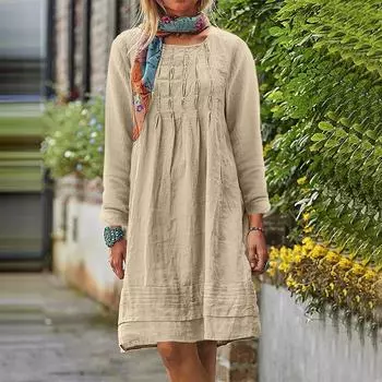 Женское платье с круглым вырезом, однотонное, свободного кроя, повседневное, из хлопка и льна L белый