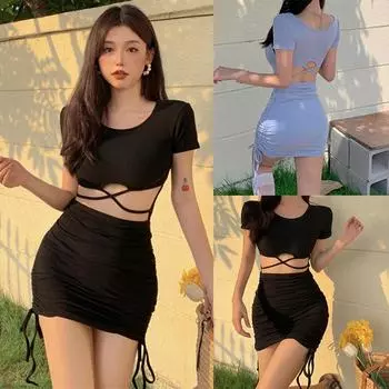 Женское платье с круглым вырезом, однотонное, с открытым пупком, облегающее платье, платье с коротким рукавом One Size