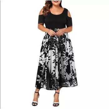 Женское платье с круглым вырезом, открытыми плечами, короткими рукавами, принтом и присборенной талией L чёрный