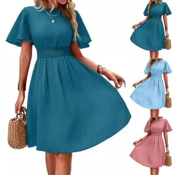 Женское платье с круглым вырезом, полосатое, повседневное платье, рукава-крылышки, эластичная резинка на талии M